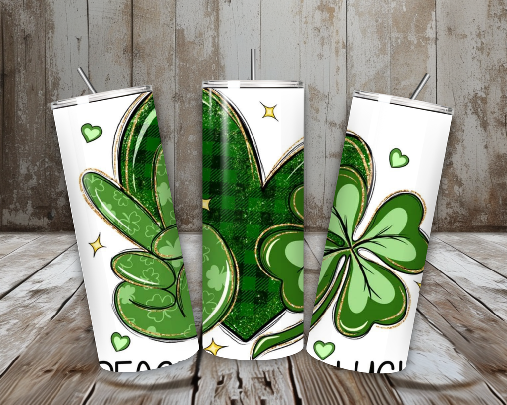 20 oz Peace Love Luck St. Patrick’s Day Tumbler – Shamrock Heart + Peace Sign Design (Lid + Straw)