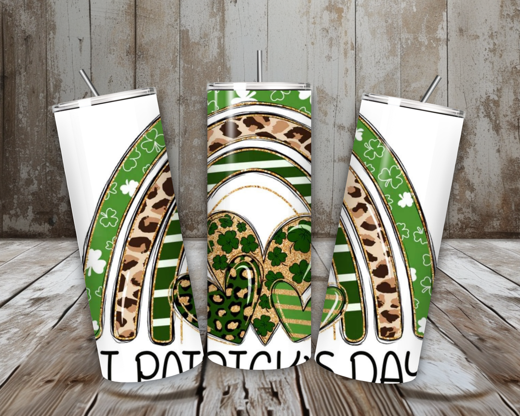 20 oz St. Patrick’s Day Rainbow Hearts Tumbler (Leopard + Green Stripe) – Lid + Stainless Steel Straw