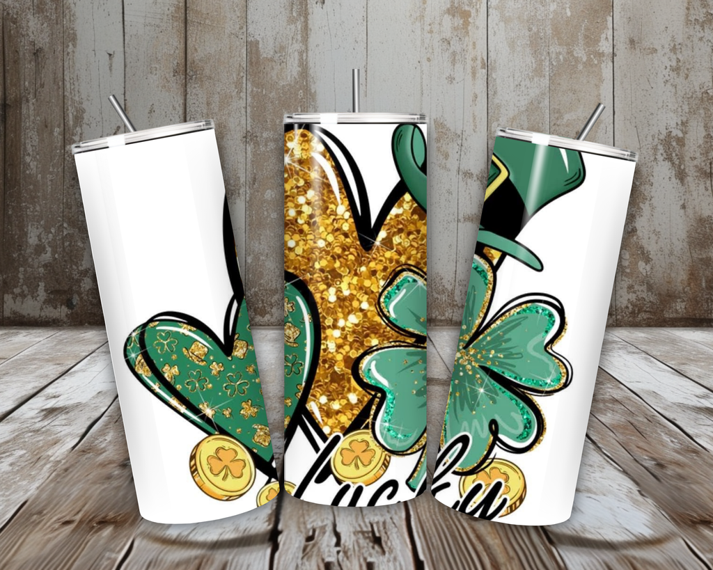 20 oz Lucky Glitter Shamrock & Gold Heart St. Patrick’s Day Tumbler – Lid + Stainless Steel Straw