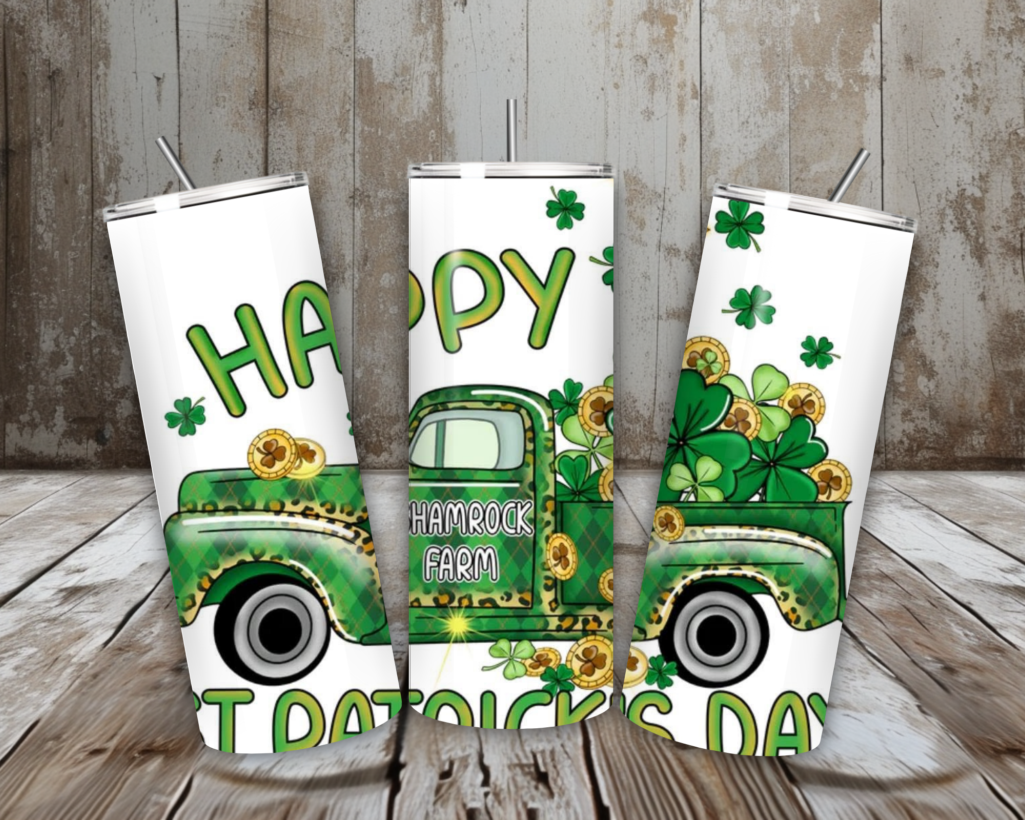 20 oz Happy St. Patrick’s Day Tumbler – Shamrock Farm Green Vintage Truck Design (Lid + Straw)