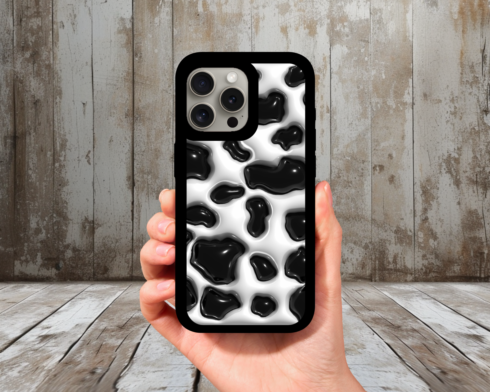 Black & White Cow Print iPhone Case (Light Glitter Insert)