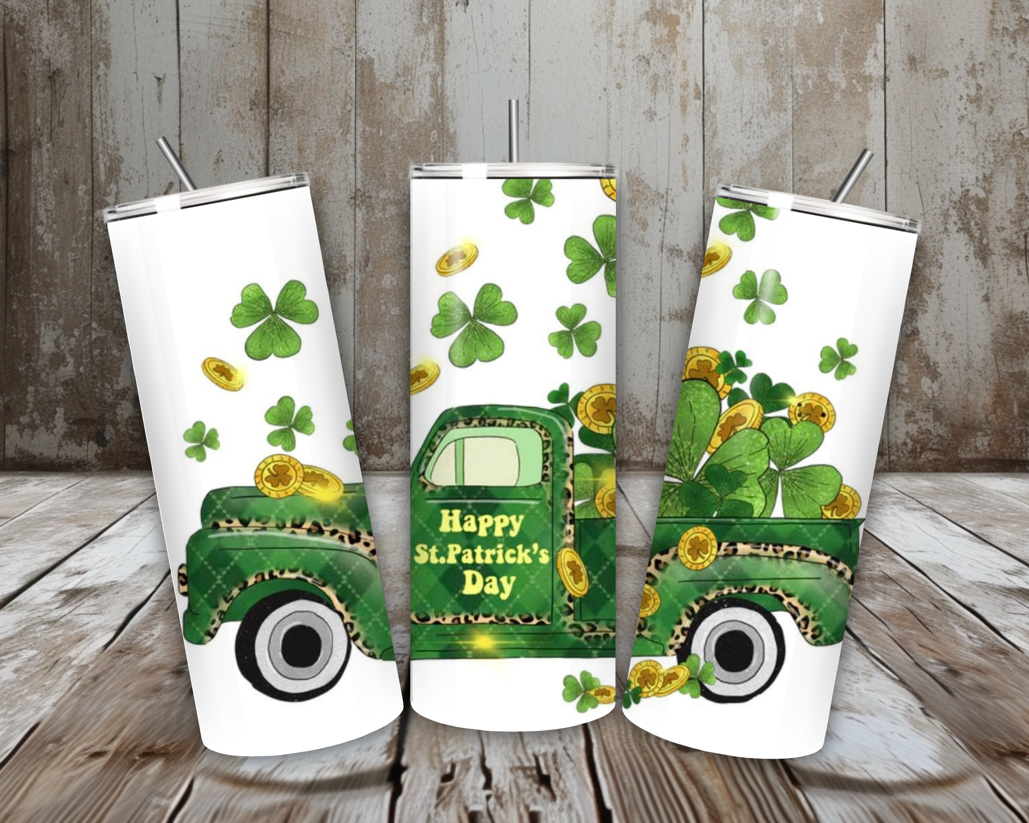 20 oz Happy St. Patrick’s Day Shamrock Truck Tumbler (Leopard Trim) – Lid + Stainless Steel Straw