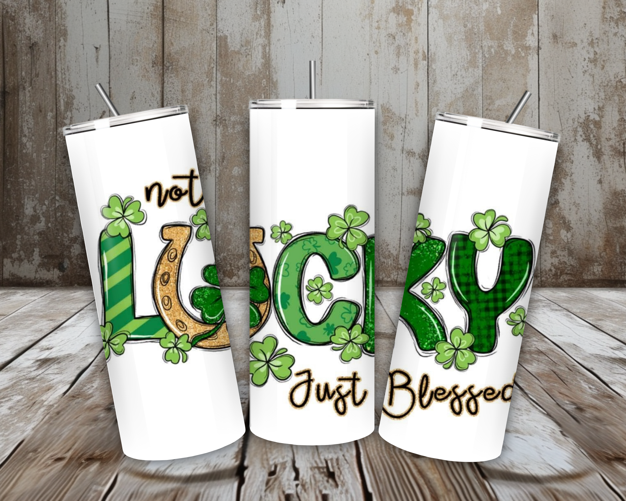 20 oz Not Lucky Just Blessed St. Patrick’s Day Tumbler – Shamrock + Horseshoe (Lid + Straw)
