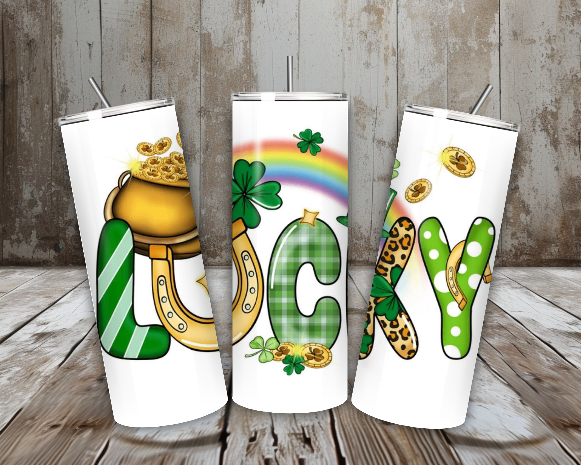 20 oz Lucky St. Patrick’s Day Tumbler – Plaid + Leopard Lucky Word Design (Lid + Straw)