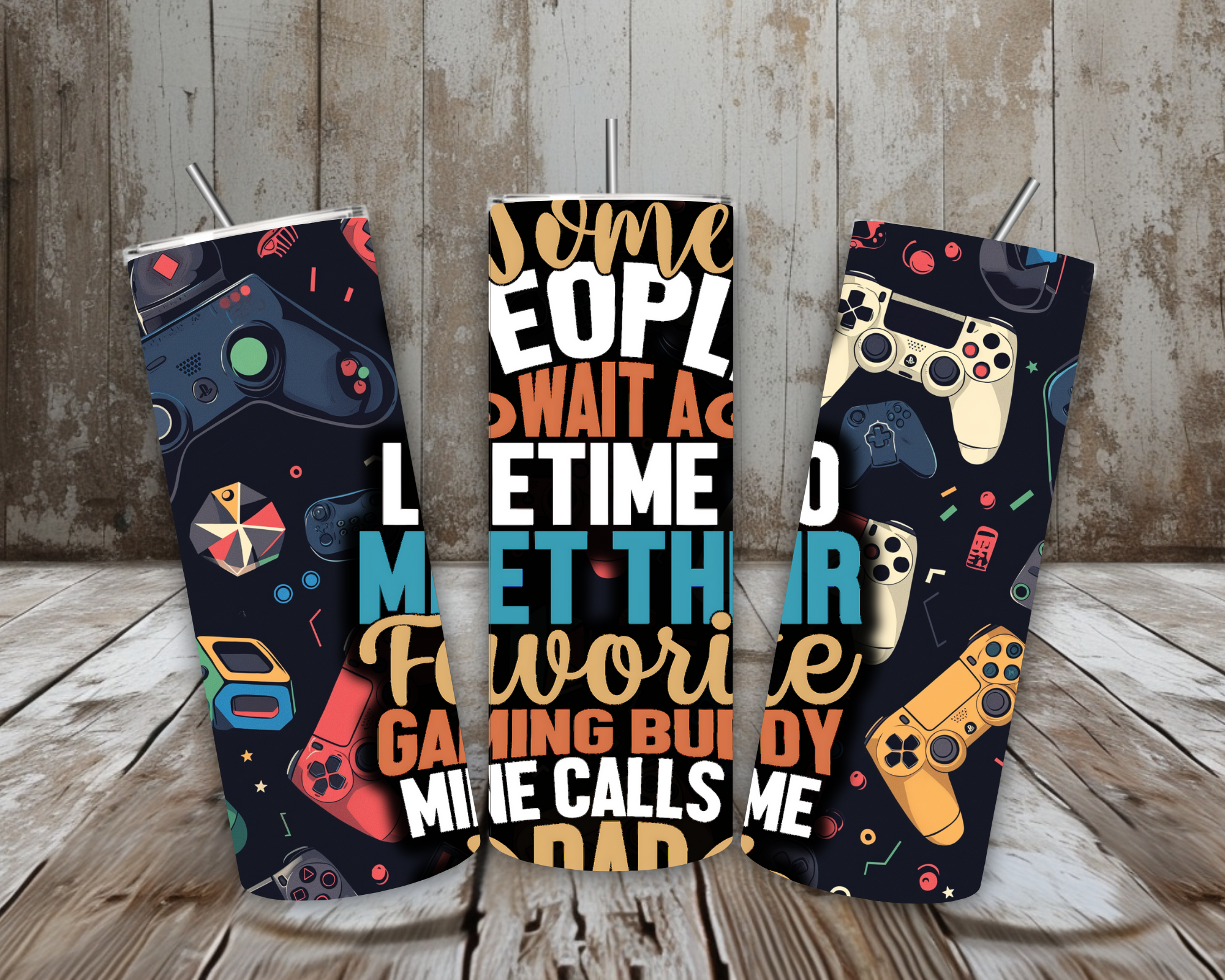 20 oz Gamer Dad Stainless Steel Tumbler – “Favorite Gaming Buddy” Quote (Lid + Straw)