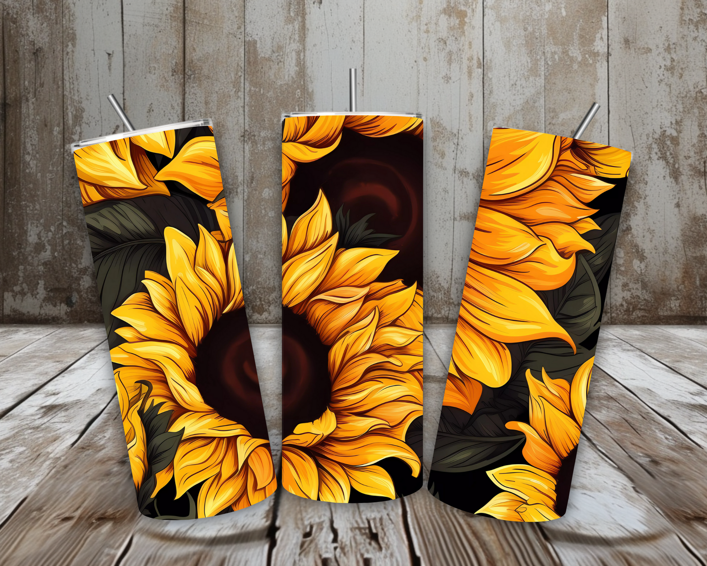 20 oz Sunflower Stainless Steel Tumbler – Bold Golden Sunflowers on Black (Lid + Straw)