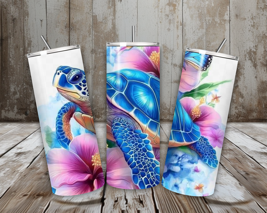 20 oz Sea Turtle & Hibiscus Stainless Steel Tumbler – Blue Ocean Watercolor Design (Lid + Straw)