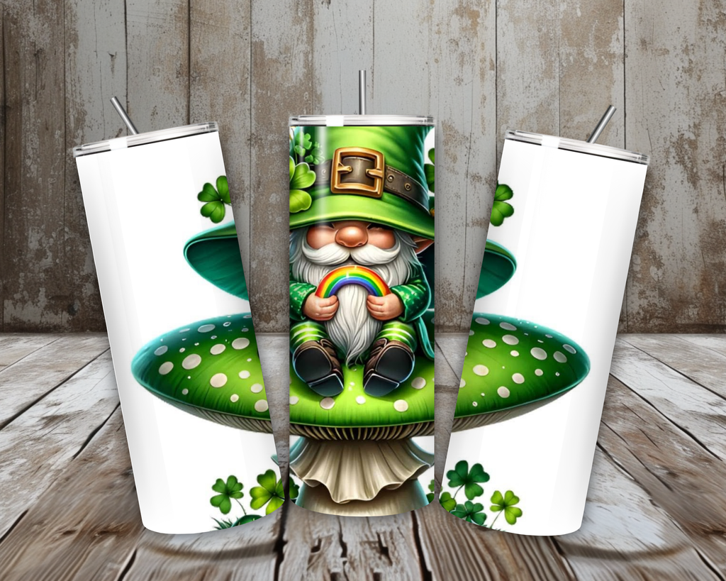 20 oz Rainbow Gnome St. Patrick’s Day Tumbler – Lucky Shamrock Mushroom Cup – Lid + Stainless Steel Straw
