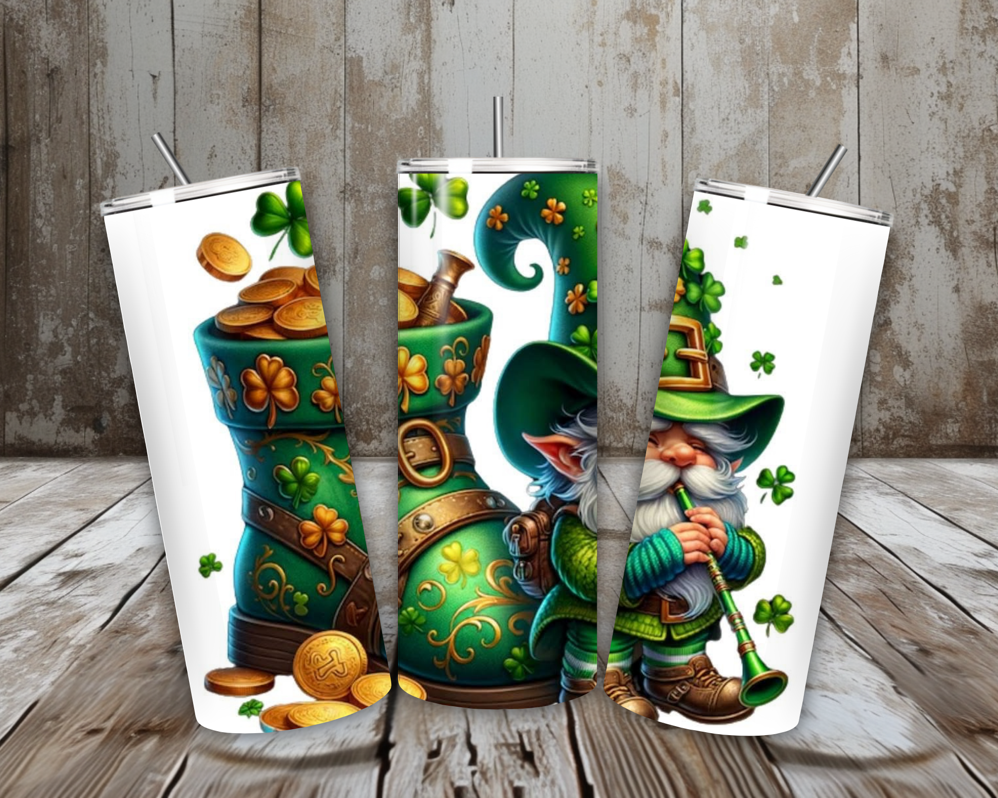 20 oz Leprechaun Gnome + Pot of Gold St. Patrick’s Day Tumbler – Shamrock Lucky Cup – Lid + Stainless Steel Straw