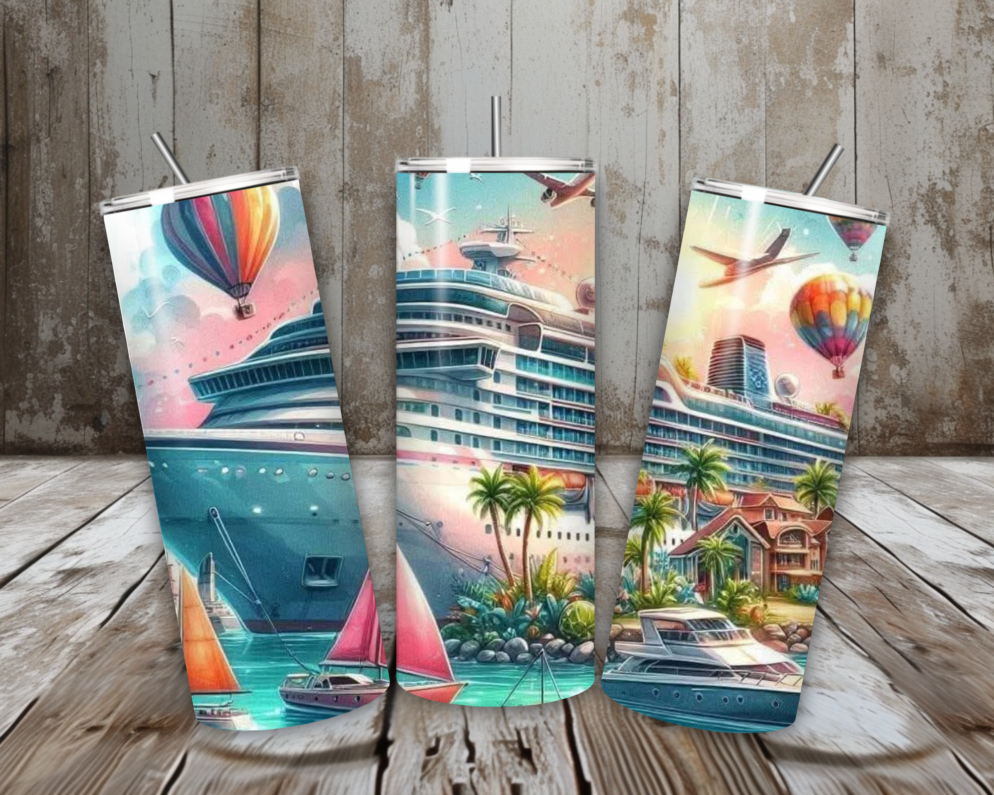 20 oz Cruise Life Stainless Steel Tumbler – Tropical Harbor Travel Scene (Lid + Straw)