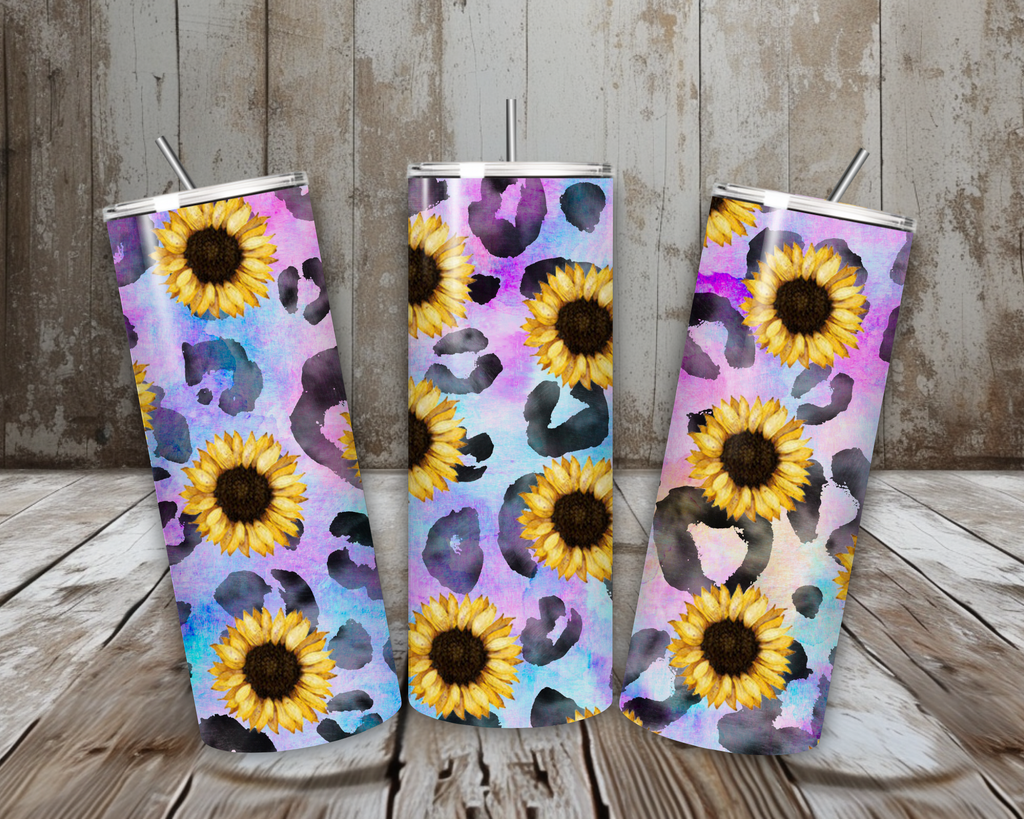 20 oz Sunflower Leopard Print Stainless Steel Tumbler – Pastel Watercolor Background (Lid + Straw)