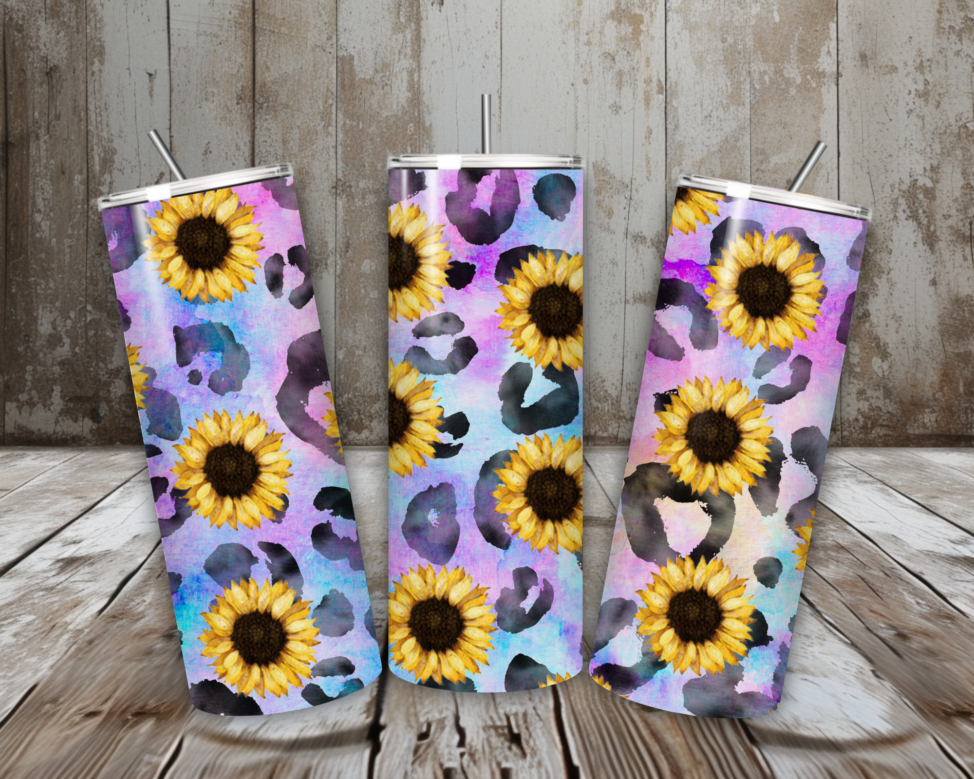 20 oz Sunflower Leopard Print Stainless Steel Tumbler – Pastel Watercolor Background (Lid + Straw)