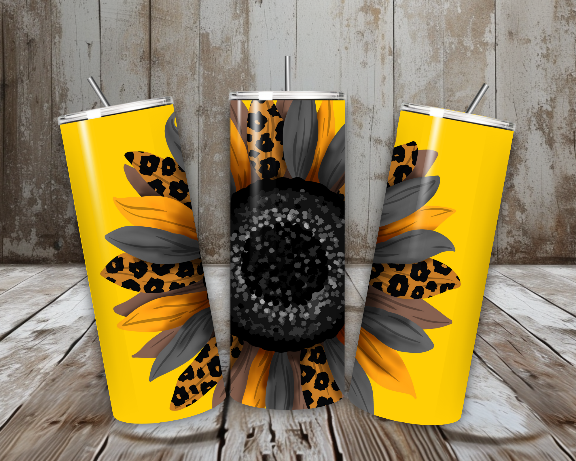 20 oz Leopard Sunflower Stainless Steel Tumbler – Bold Yellow Background (Lid + Straw)
