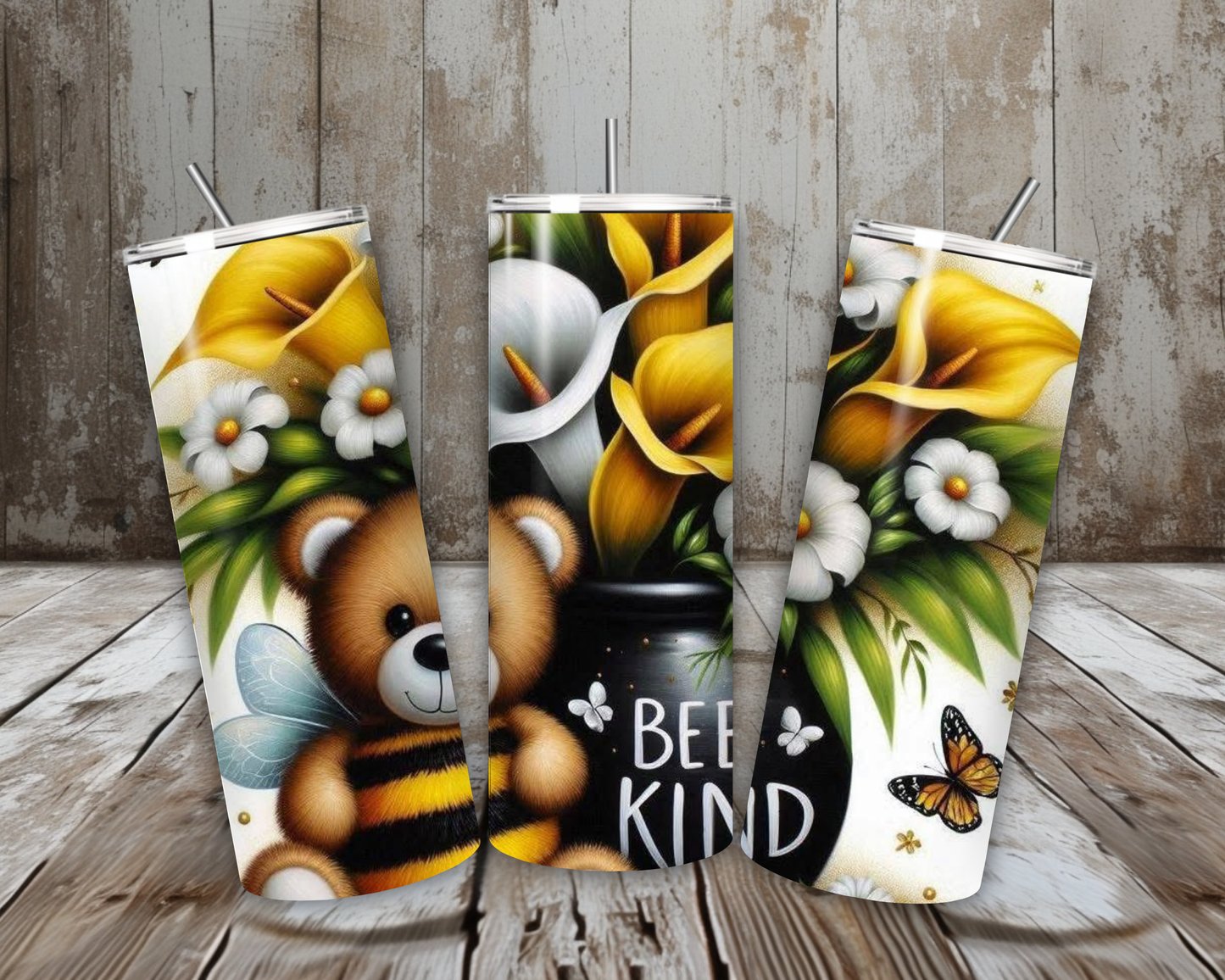 20 oz “Bee Kind” Stainless Steel Tumbler – Bee Bear & Yellow/White Floral Bouquet (Lid + Straw)