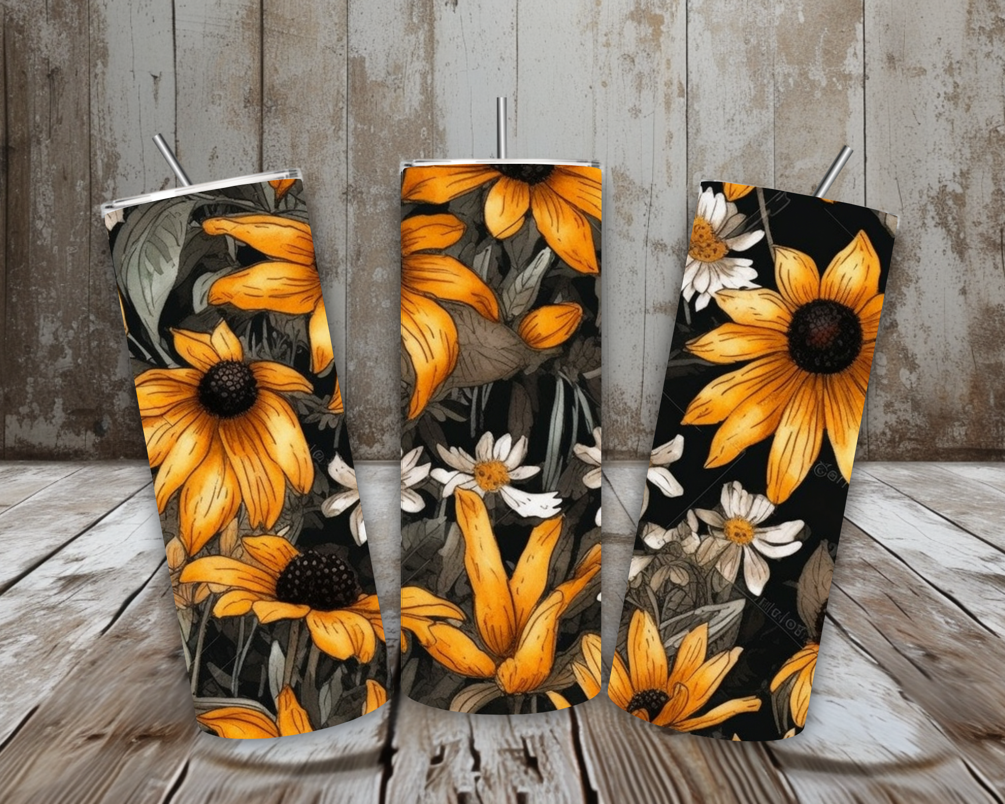 20 oz Black-Eyed Susan Stainless Steel Tumbler – Golden Wildflower Floral on Dark Background (Lid + Straw)
