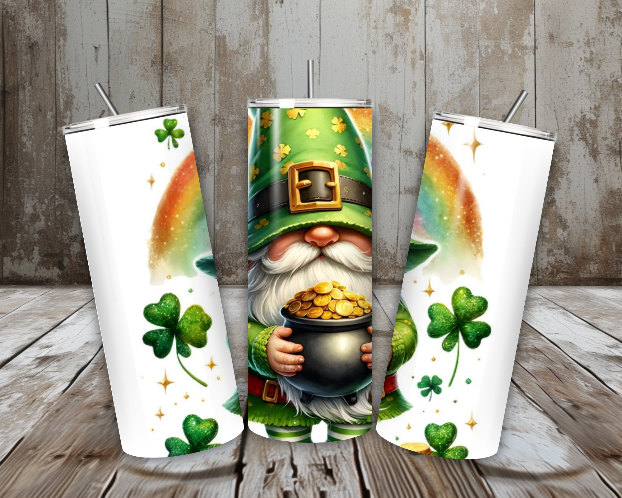 20 oz Lucky Leprechaun Gnome Tumbler – Rainbow & Pot of Gold St. Patrick’s Day Cup – Lid + Stainless Steel Straw