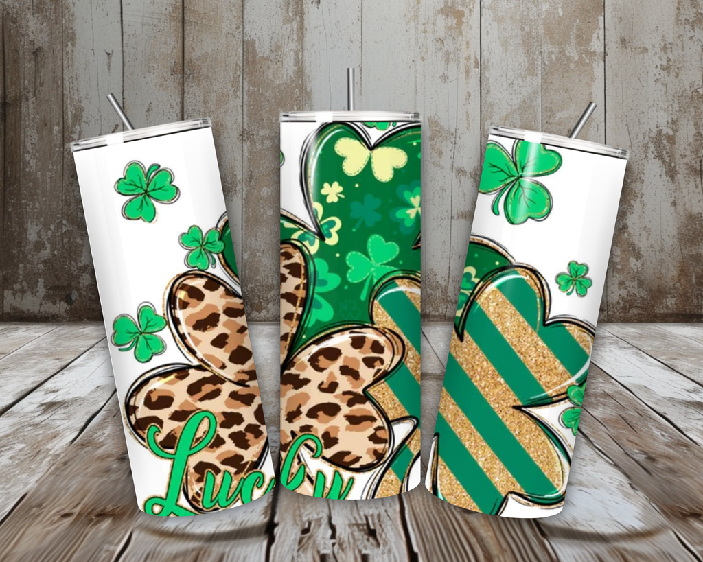 20 oz Lucky Shamrock Tumbler – Leopard Print & Gold Glitter Green Clover Design (Lid + Straw)
