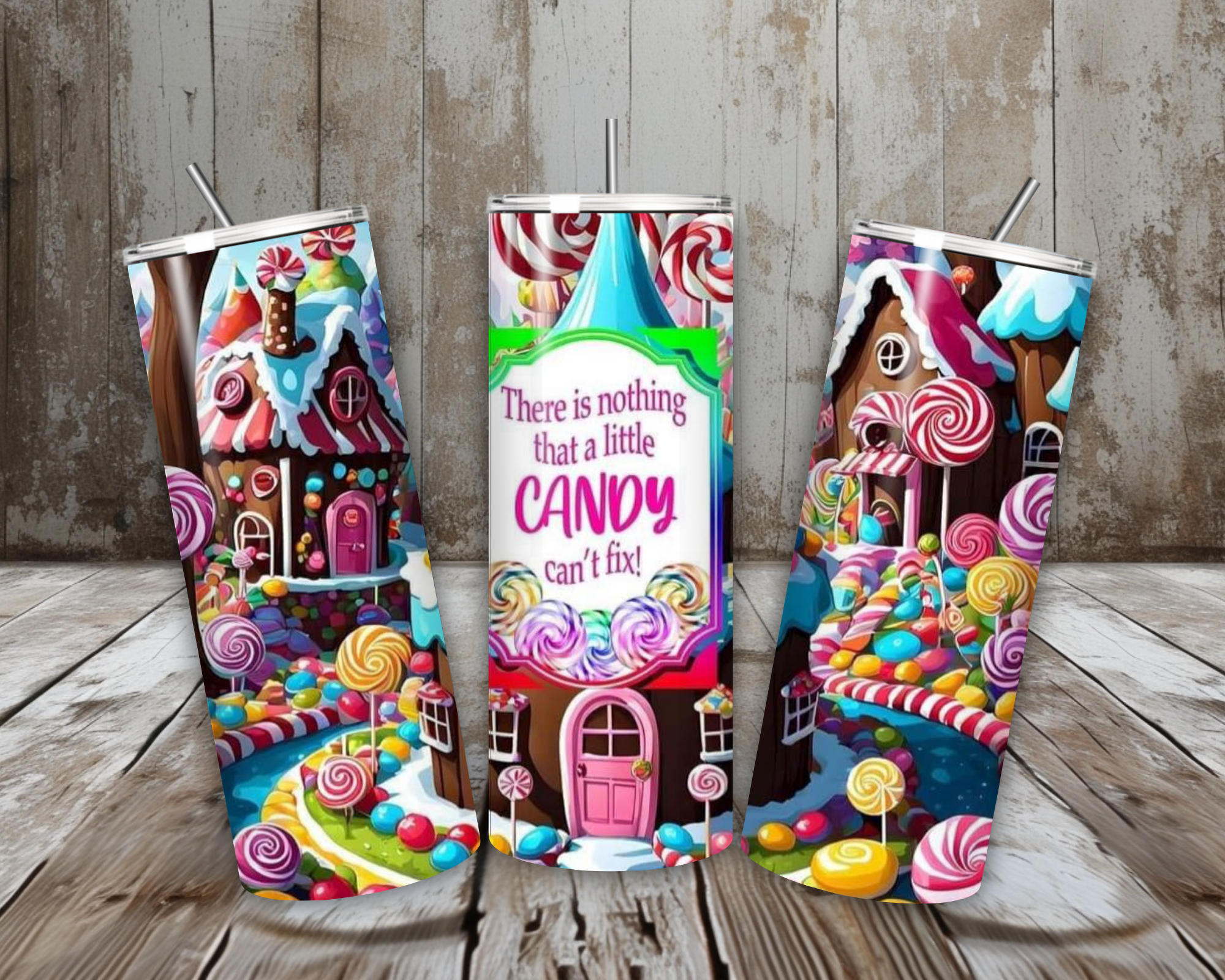 20 oz Candyland Dream Stainless Steel Tumbler – “Nothing a Little Candy Can’t Fix” (Lid + Straw)