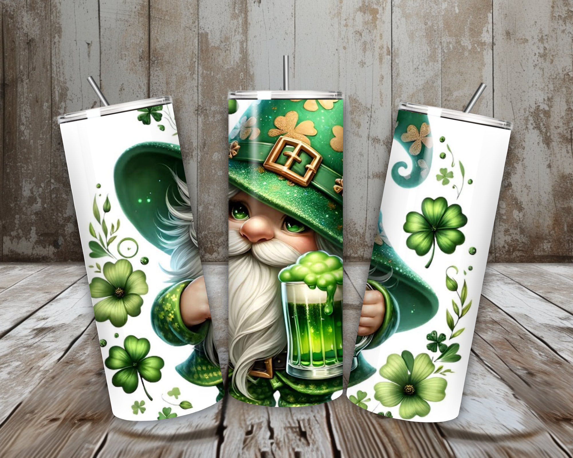 20 oz Green Beer Gnome St. Patrick’s Day Tumbler – Leprechaun Hat Shamrock Cup – Lid + Stainless Steel Straw