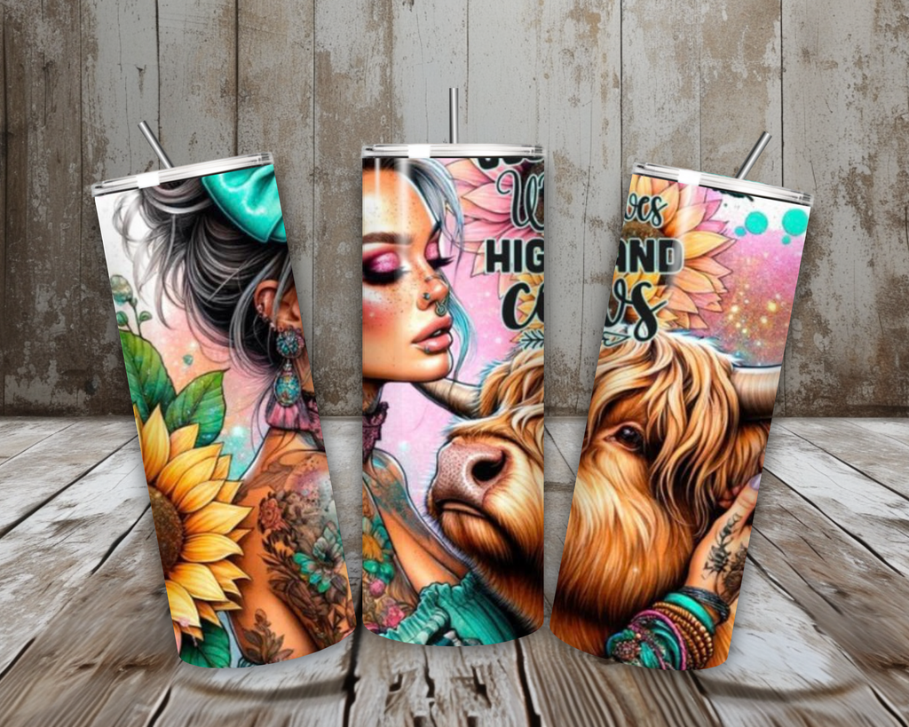 20 oz “Just a Girl Who Loves Highland Cows” Stainless Steel Tumbler – Sunflower & Teal Bow Cow Lover Design (Lid + Straw)