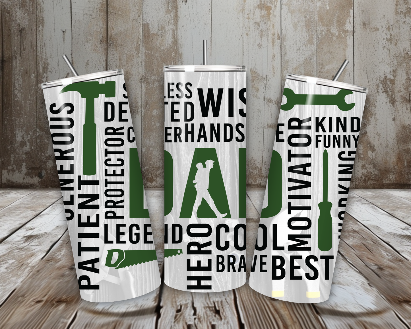 20 oz Handyman Dad Stainless Steel Tumbler – Tool Word Art Design (Lid + Straw)