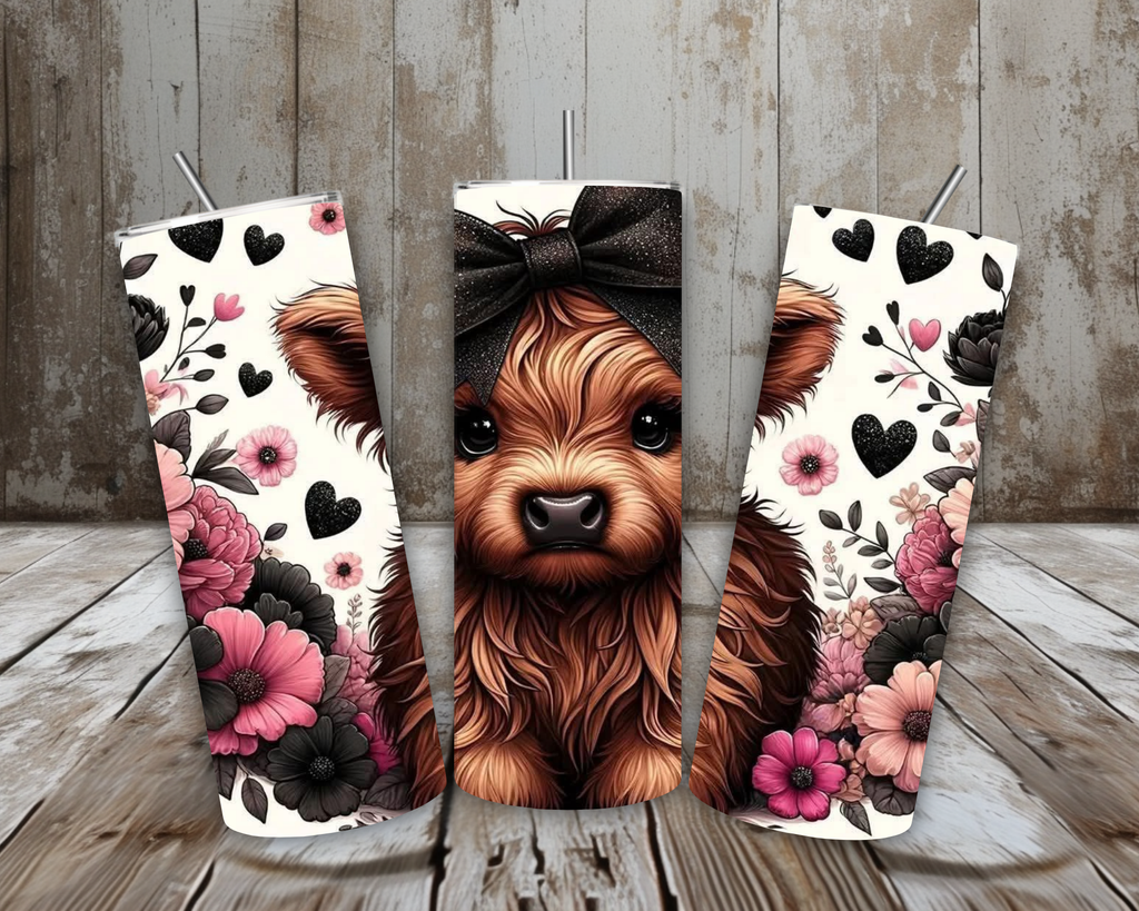 20 oz Highland Cow Bow & Floral Stainless Steel Tumbler – Pink & Black Hearts (Lid + Straw)