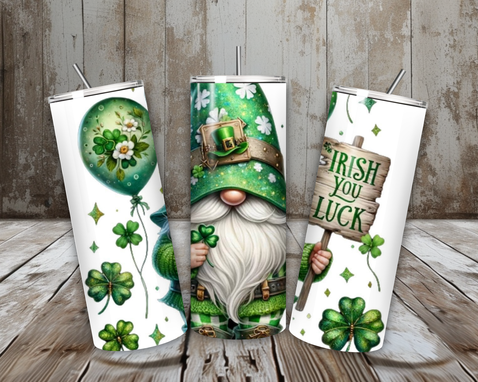 20 oz Irish You Luck Gnome Tumbler – St. Patrick’s Day Balloon & Shamrock Cup – Lid + Stainless Steel Straw
