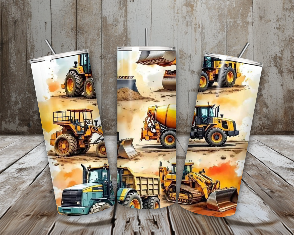 20 oz Construction Trucks Stainless Steel Tumbler – Heavy Equipment Watercolor Design (Lid + Straw)