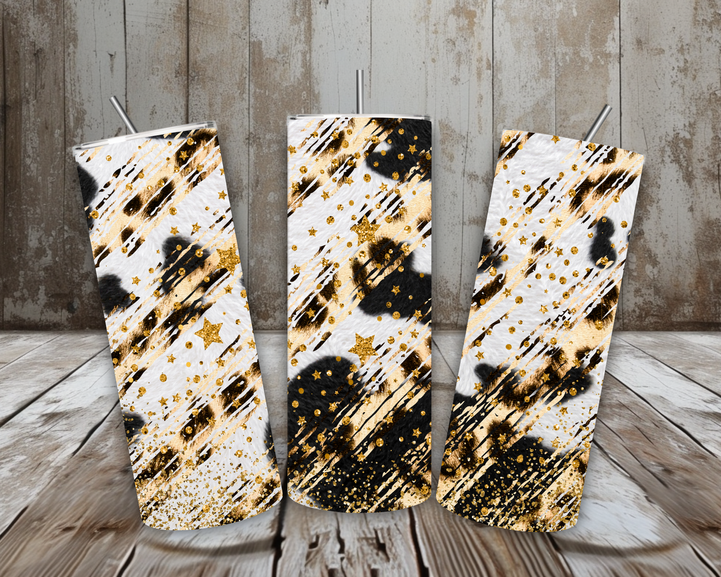 20 oz White Leopard & Gold Glitter Stainless Steel Tumbler – Glam Animal Print (Lid + Straw)