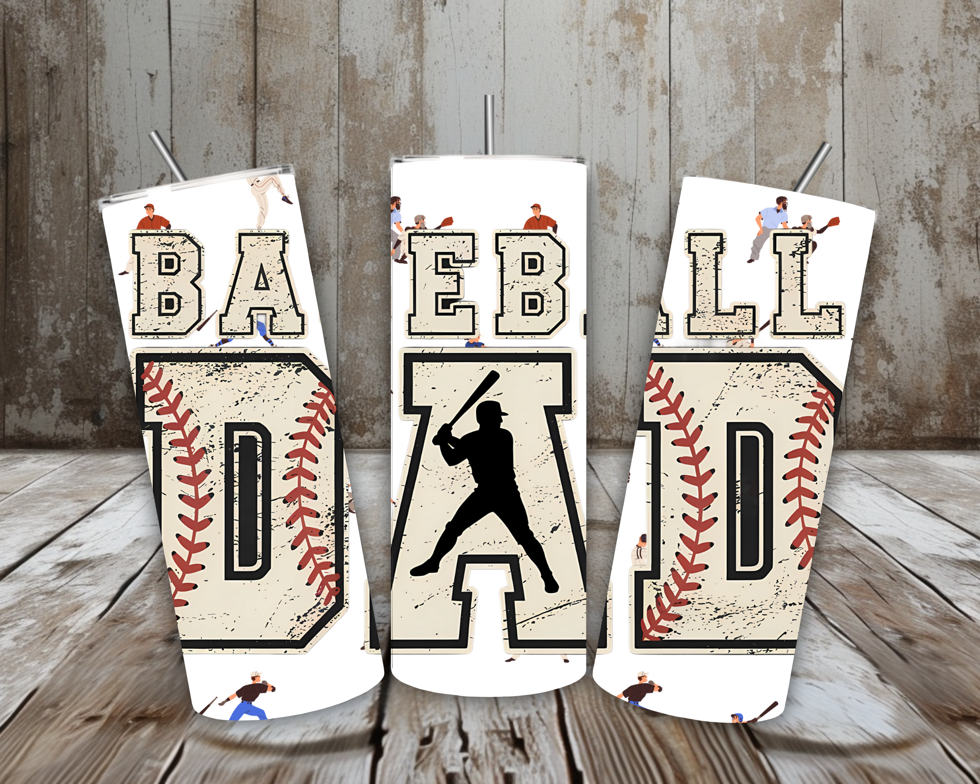 20 oz Baseball Dad Stainless Steel Tumbler – Vintage Sports Lettering (Lid + Straw)