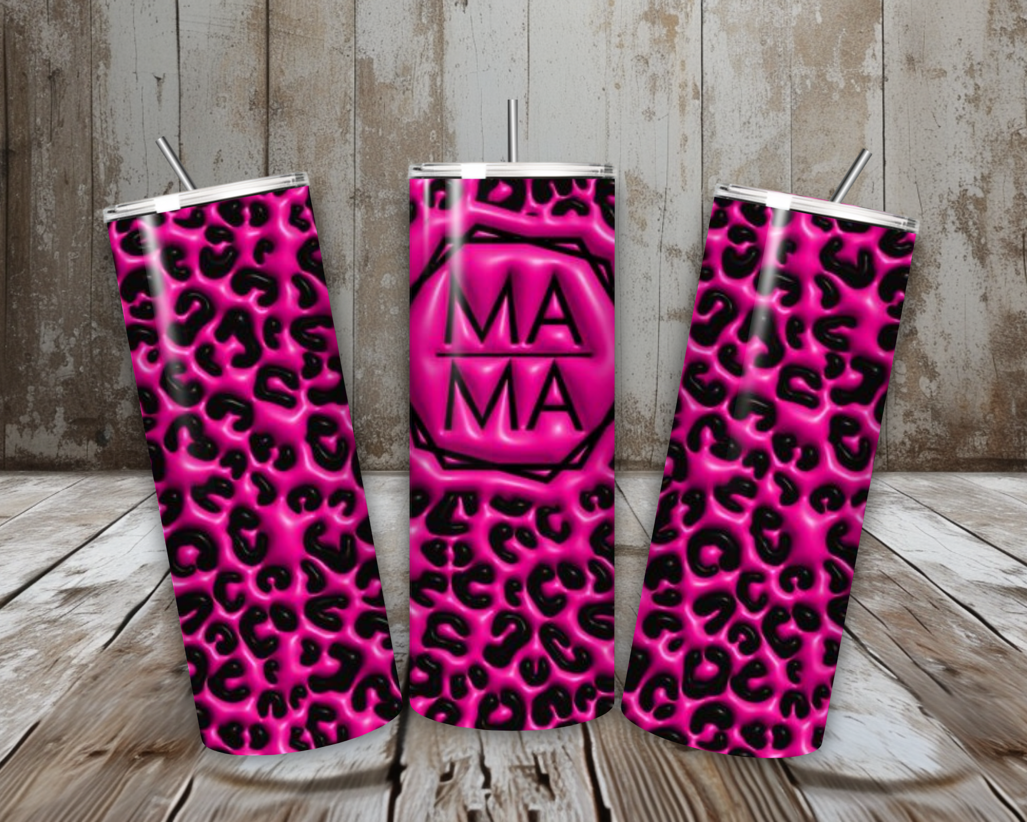 20 oz Cheetah Mama Stainless Steel Tumbler – Hot Pink Leopard “MAMA” Badge (Lid + Straw)