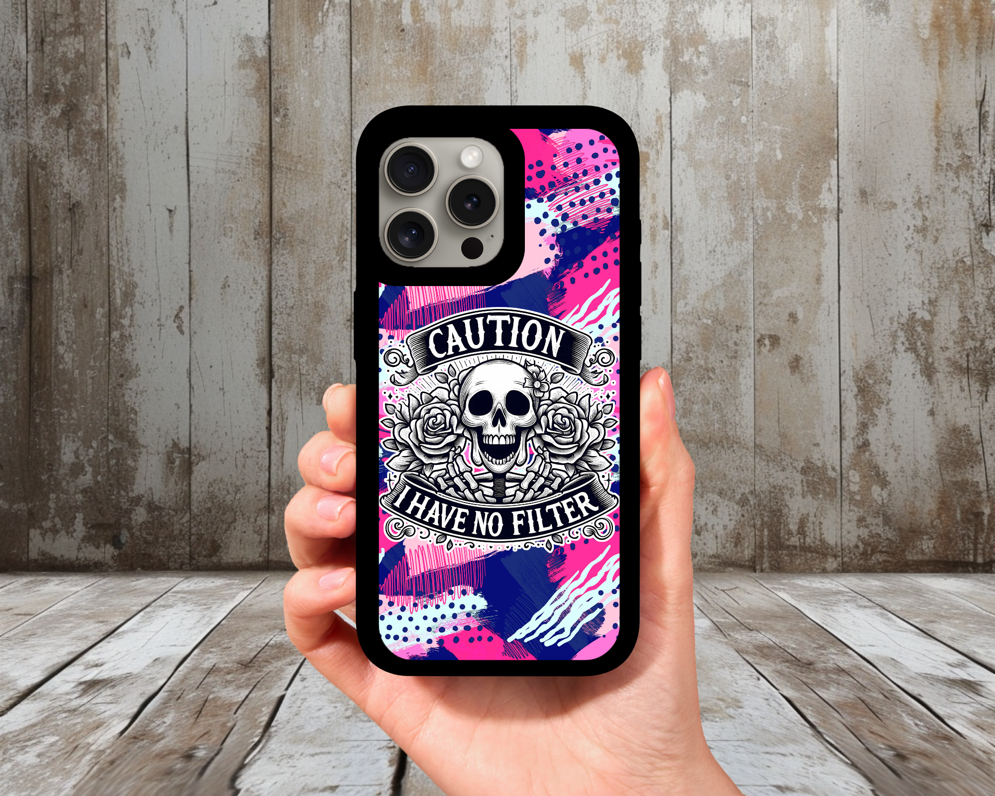 “Caution: Have No Filter” Skull Phone Case | Funny Sarcastic Quote | Pink & Blue Abstract