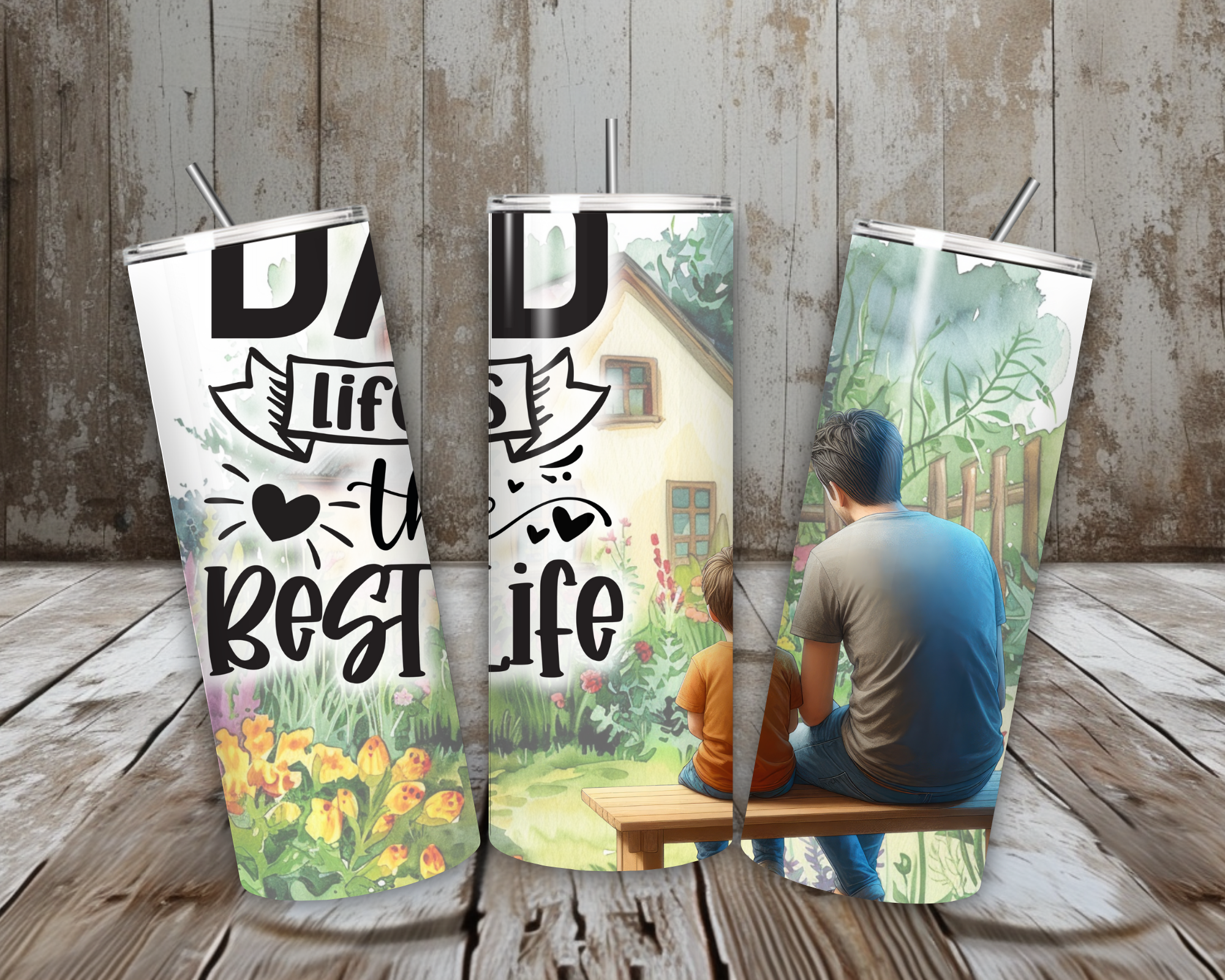 20 oz “Dad, Life Is the Best Life” Stainless Steel Tumbler – Watercolor Garden Scene (Lid + Straw)