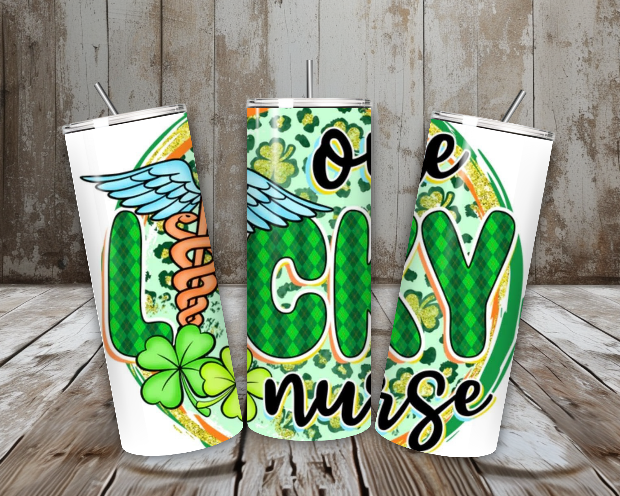 20 oz One Lucky Nurse St. Patrick’s Day Tumbler – Shamrock + Caduceus Plaid Design (Lid + Straw)