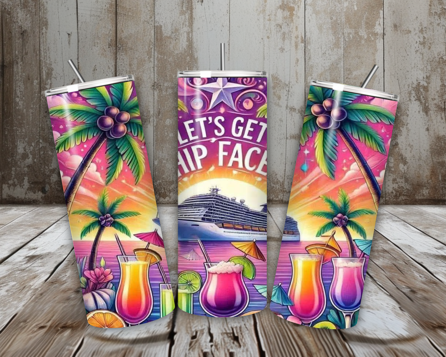 20 oz “Let’s Get Ship Faced” Cruise Stainless Steel Tumbler – Tropical Cocktail Night Scene (Lid + Straw)