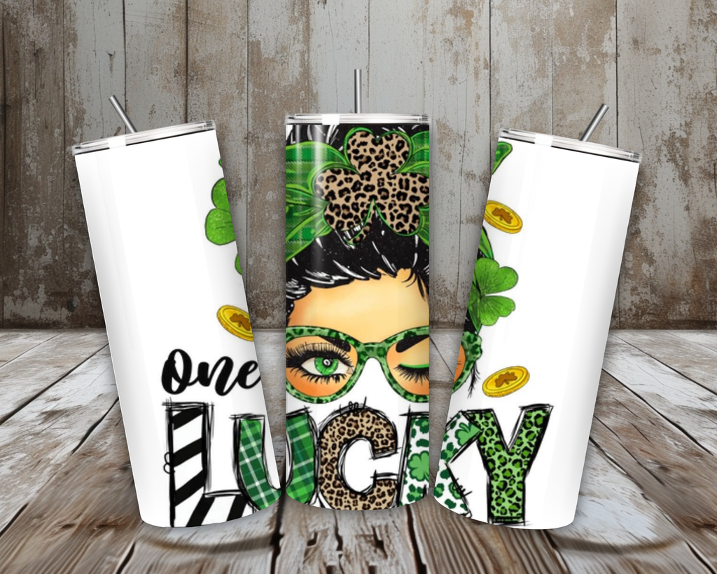 20 oz One Lucky Mama Tumbler – St. Patrick’s Day Messy Bun Shamrock & Leopard Print Design (Lid + Straw)