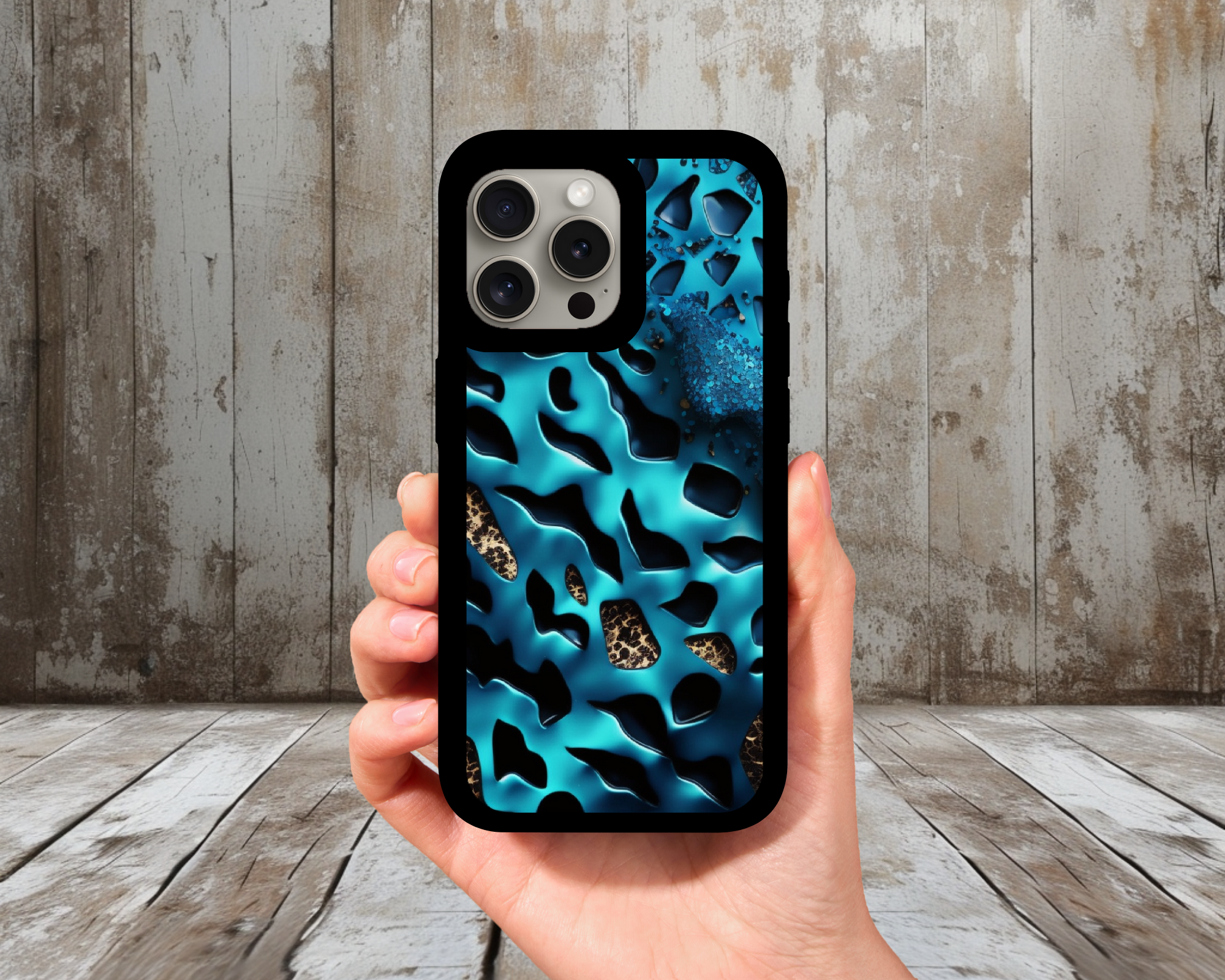 Electric Blue Leopard iPhone Case (Light Glitter Insert)