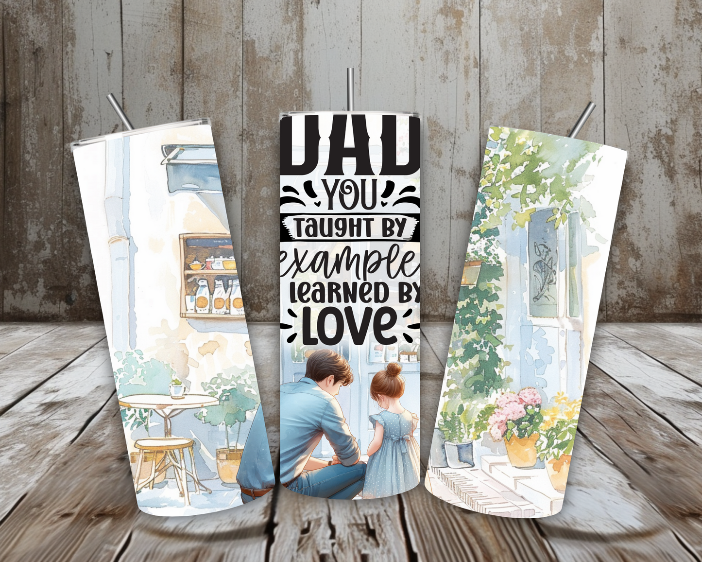 20 oz “Dad, You Taught by Example” Stainless Steel Tumbler – Father & Daughter Watercolor (Lid + Straw)