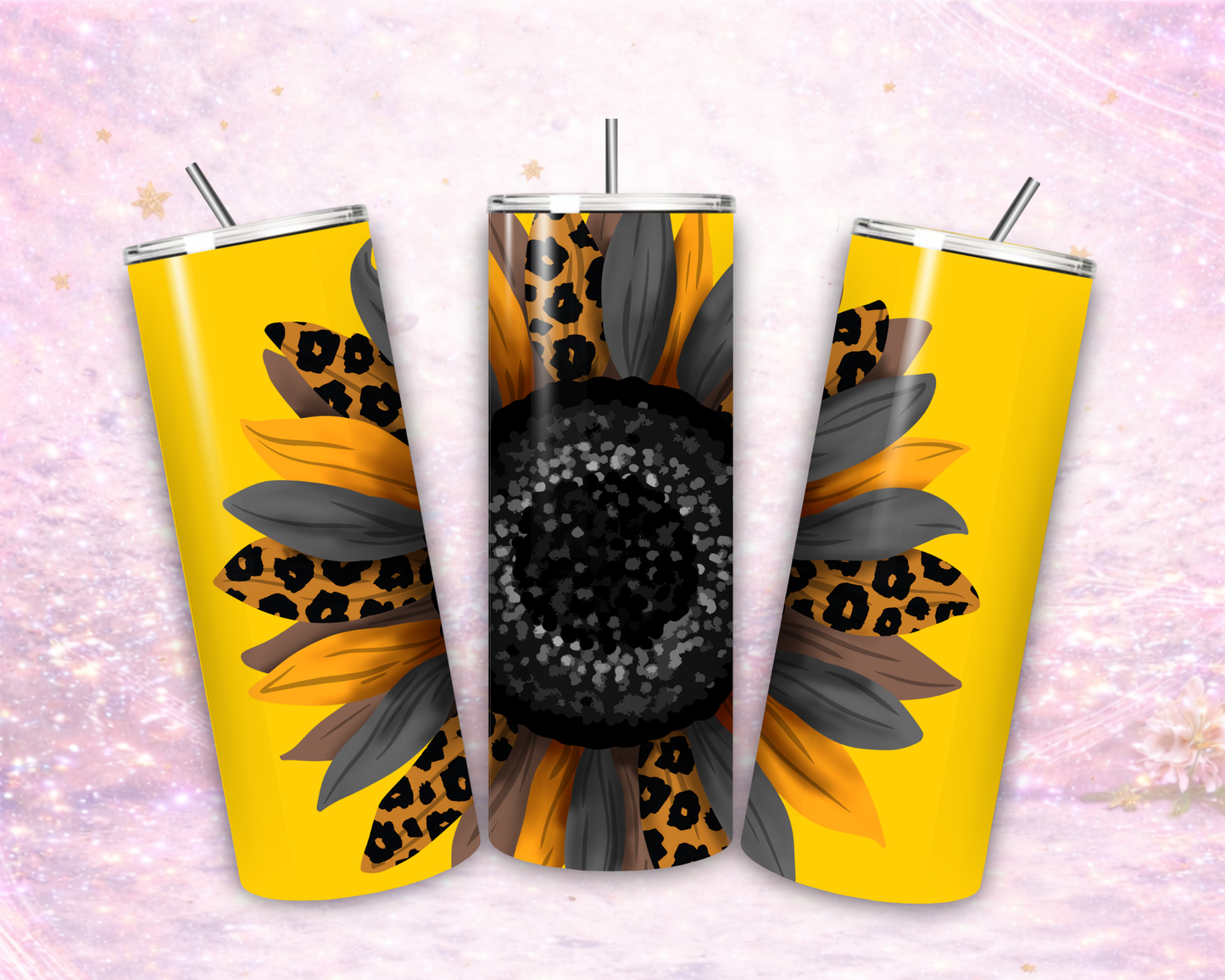 20 oz Leopard Sunflower Stainless Steel Tumbler – Bold Yellow Background (Lid + Straw)