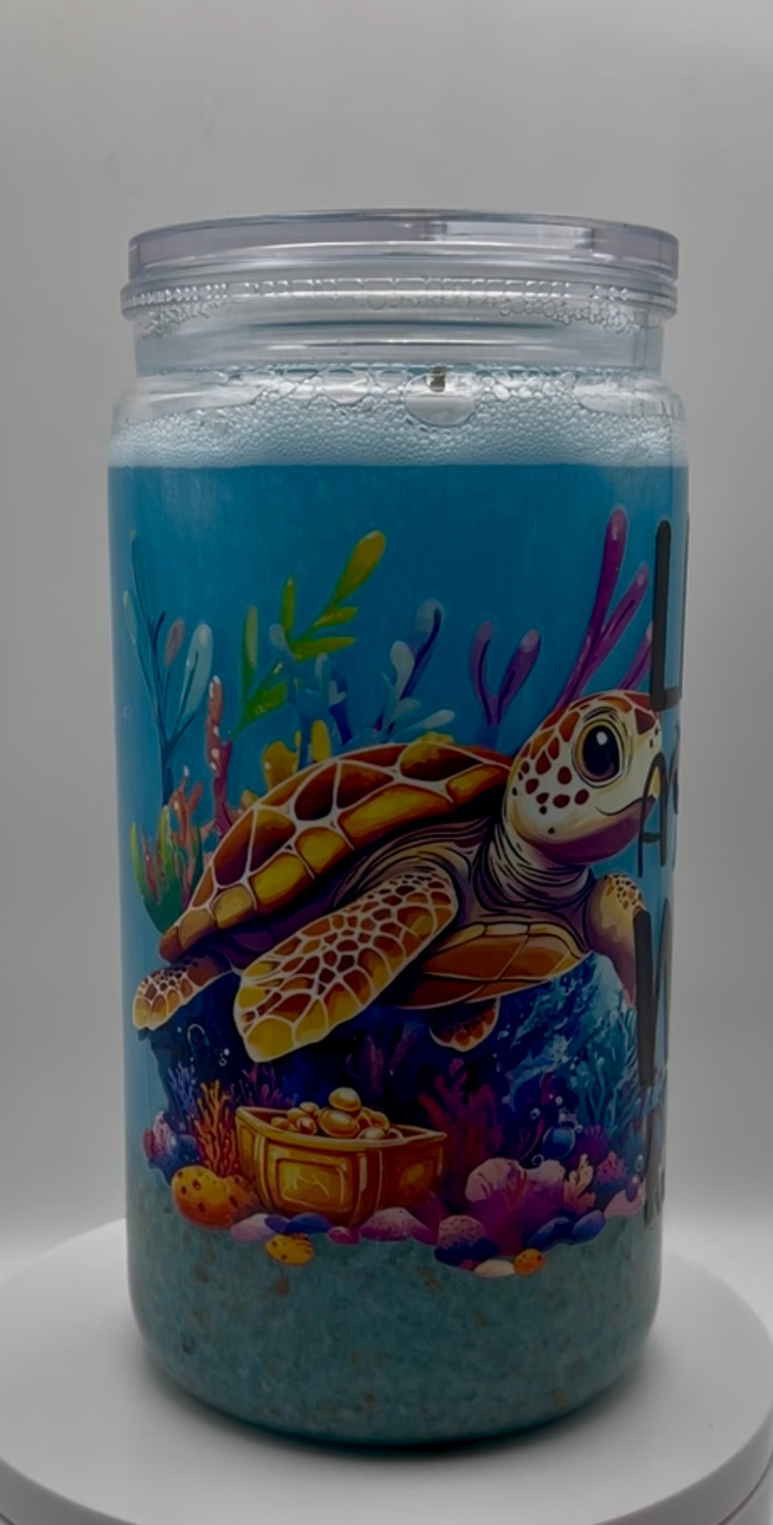 16 oz Beach Snow Globe Cup – “Life’s A Wave, Ride It” Sea Turtle Sand & Shimmer Tumbler (Lid + Straw)