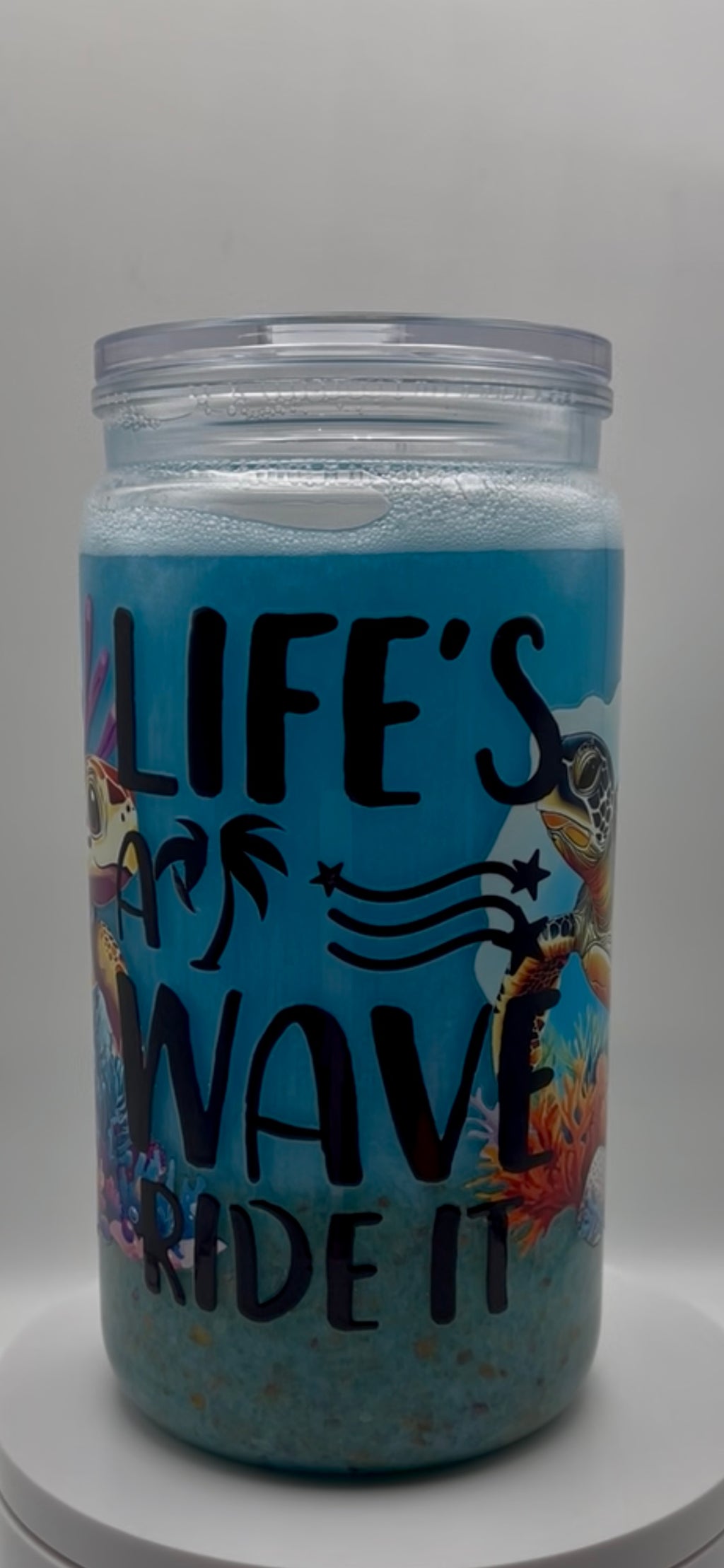 16 oz Beach Snow Globe Cup – “Life’s A Wave, Ride It” Sea Turtle Sand & Shimmer Tumbler (Lid + Straw)