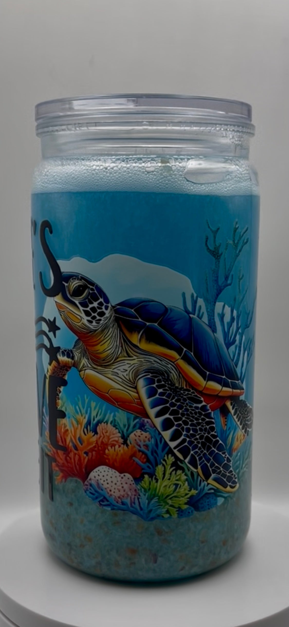 16 oz Beach Snow Globe Cup – “Life’s A Wave, Ride It” Sea Turtle Sand & Shimmer Tumbler (Lid + Straw)