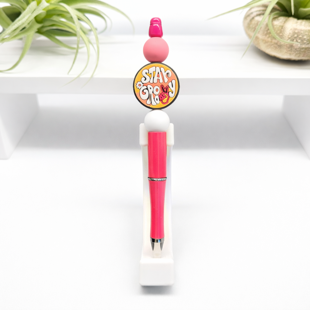 Stay Groovy Beaded Pen – Pink Silicone Bead Ink Pen | Retro Desk Accessory Gift