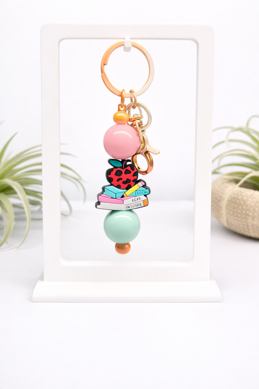 Teacher Beaded Keychain – Apple & Books Keychain | Cute Teacher Gift Backpack or Lanyard Charm