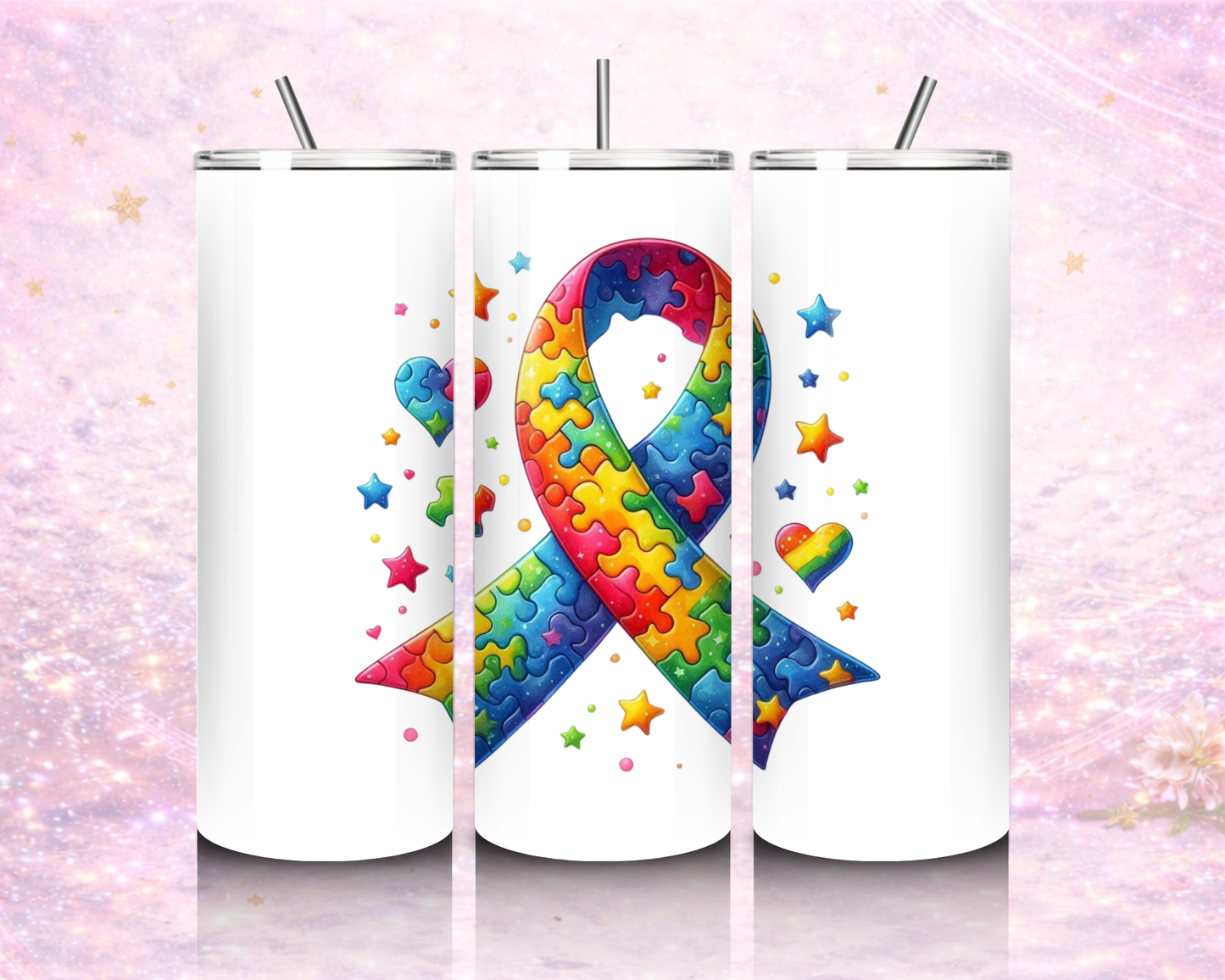 20 oz stainless steel tumbler with colorful autism awareness inspired puzzle ribbon design