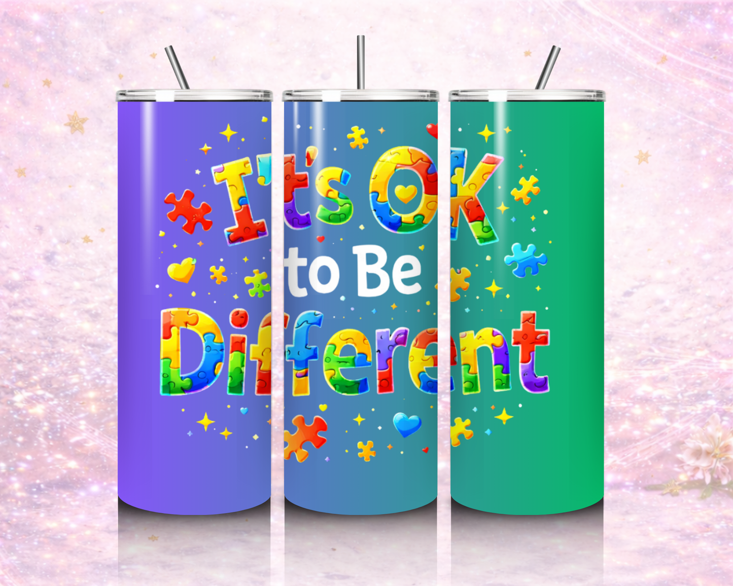 20 oz stainless steel tumbler autism awareness puzzle design its ok to be different cup with straw