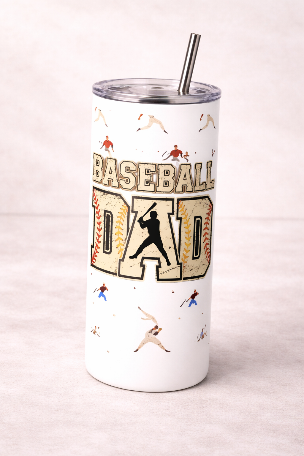 20 oz baseball dad stainless steel tumbler showing wrap design angle view custom baseball gift cup