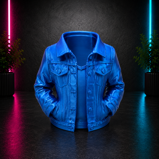 Blue denim jacket style desk organizer displayed on a dark neon pink and blue background by Chaotic Glow Studio.
