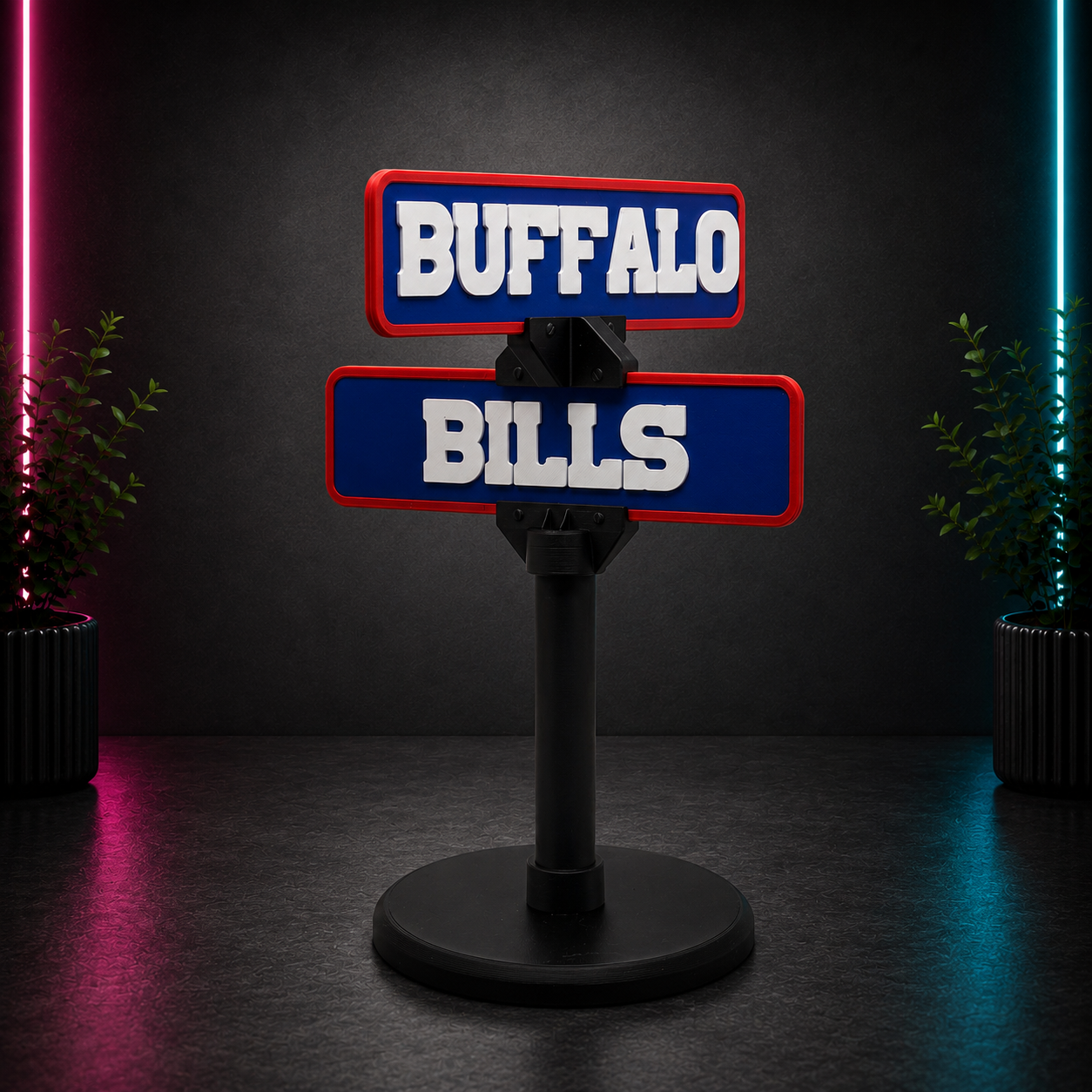 Blue and red Buffalo-inspired freestanding street sign with raised white lettering on a black display stand.