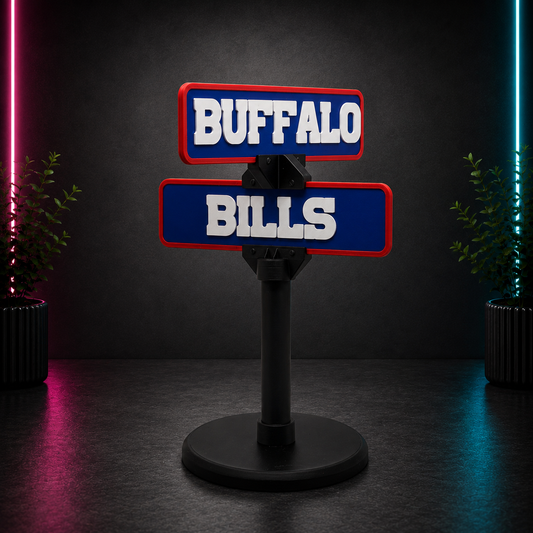 Blue and red Buffalo-inspired freestanding street sign with raised white lettering on a black display stand.